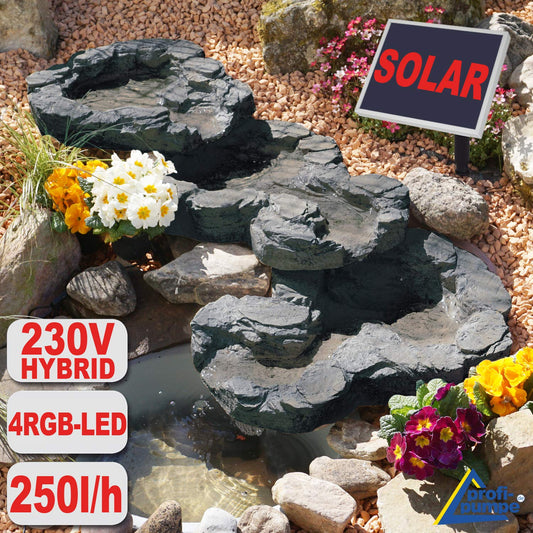 Solar garden fountain stream spring II with LED light/hybrid system, 230V decorative fountain bird bath waterfall garden light pond pump - fountain water feature for garden, pond, pond.