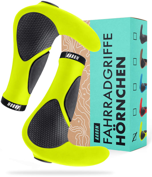 AARON Horn - grip handles with gel damping - ergonomic handlebars made of non-slip rubber - bike grips for e-bike, trekking bike, mountain bike, touring bike in yellow.