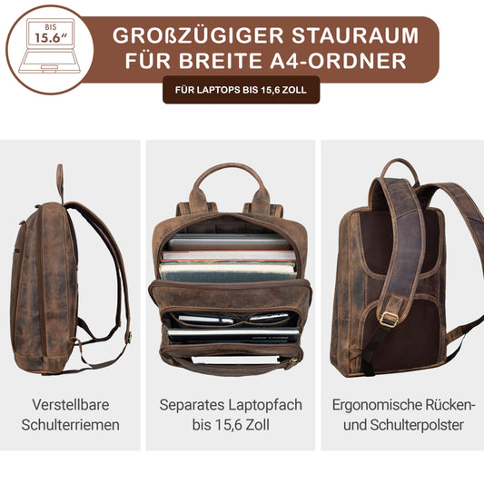 STILORD 'Watson' laptop backpack 15.6 inch leather business backpack men's XL backpack for wide A4 folders daypack vintage real leather, color: calais - brown.
