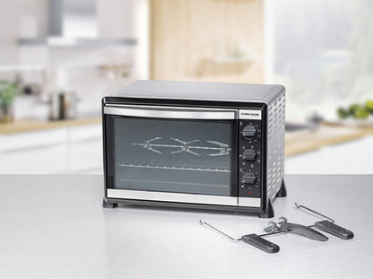 ROMMELSBACHER Back & Grill Oven BG 1805/E - 42 liter capacity, 7 heating modes, convection, rotisserie, temperature range of 80-230 °C, double glazed door, interior lighting, timer, 1800 W, stainless steel.