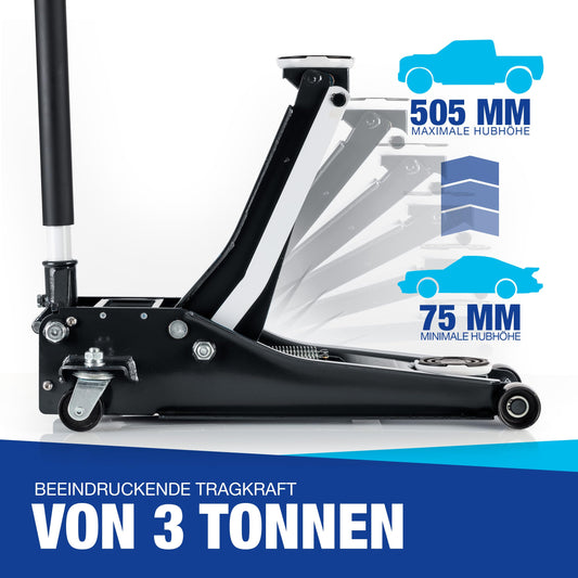 NTG Hydraulic Jack 3T - TÜV Certified - (75-505mm lifting height) Low profile with double cylinder Extra Stable Professional Trolley Jack 3000kg flat for SUV & lowered cars automotive vehicle (Black)