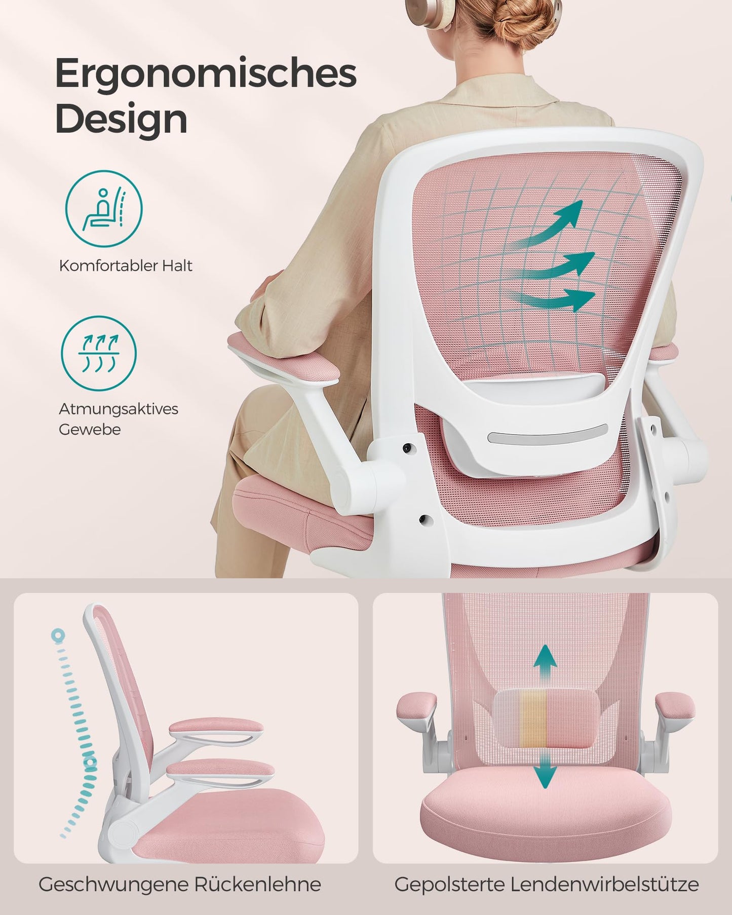SONGMICS Office Chair, Desk Chair, ergonomic backrest, adjustable height, foldable armrests, swivel chair, up to 120 kg load capacity, pastel pink OBN037R01