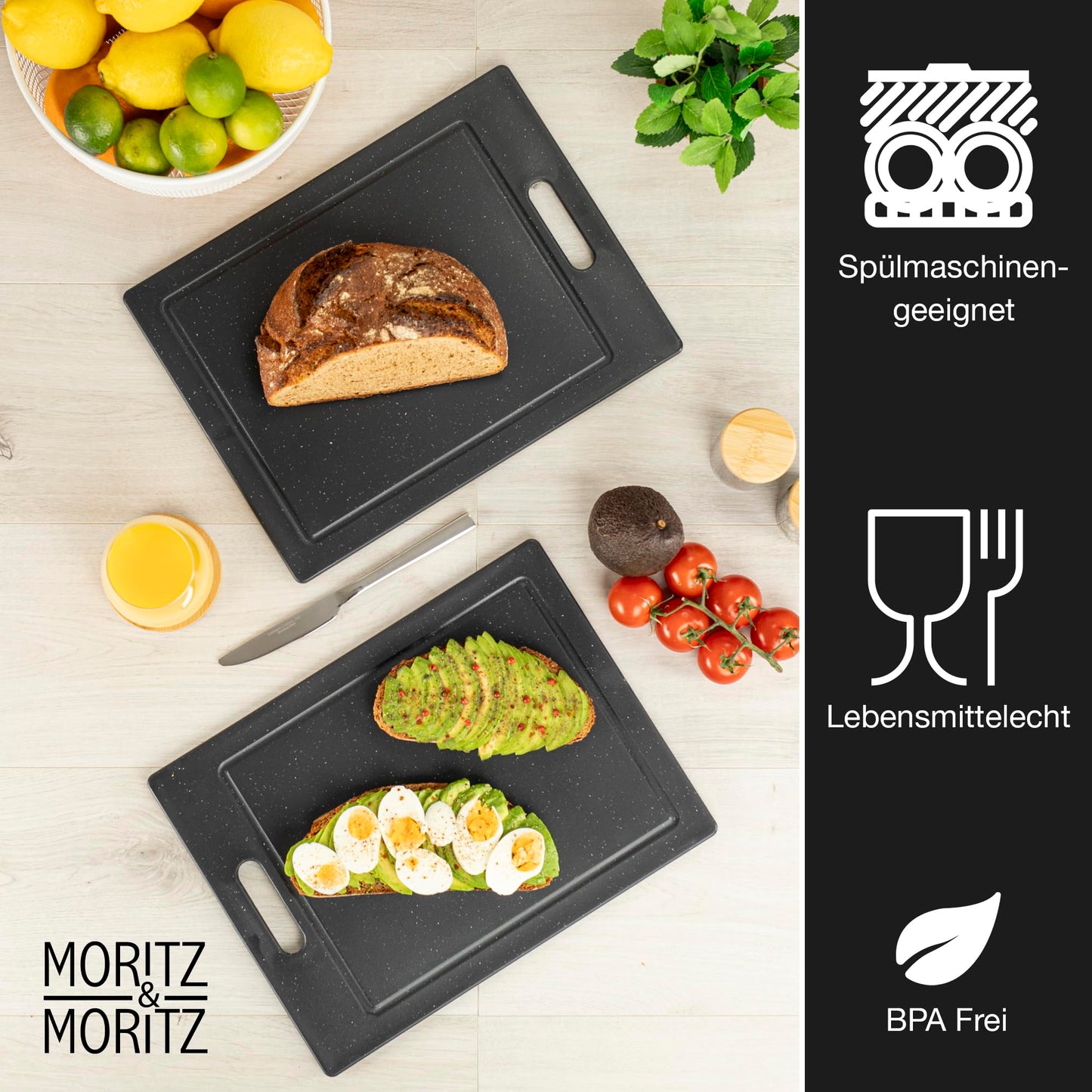 Moritz & Moritz 2x Plastic Cutting Boards - 36 x 27.5 cm - BPA-free Cutting Boards - Granite-style Kitchen Boards - Cutting Board with Non-slip Feet, Grip Opening - Cutting Board with Juice Groove
