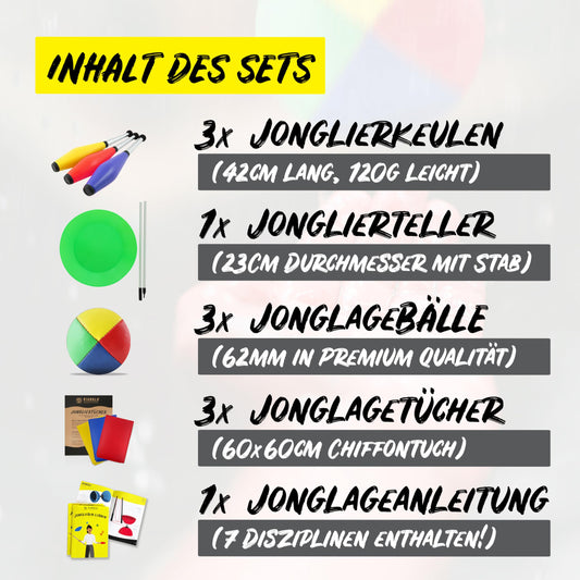 Diabolo recreational juggling set for kids and adults with juggling clubs, juggling balls, scarves, plates including stick & juggling instructions - juggling set as a gift.