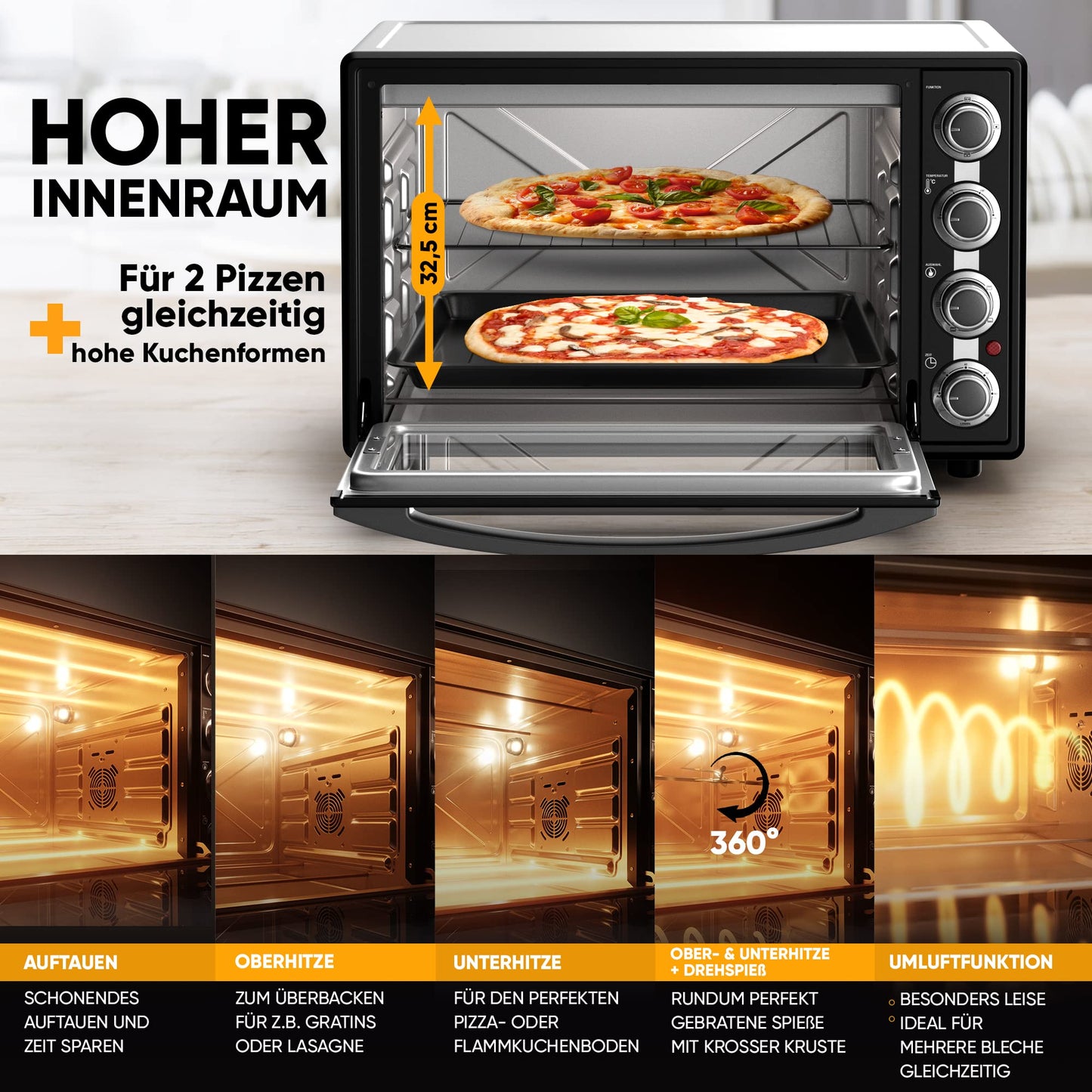 Stillstern Mini Oven with Fan 60L (DE Version) Pizza Ø40, CYCLONE PRO+ Non-Stick Coating, Defrost, 2h Timer, Camping Mini Fan Oven Pizza Oven Mini Oven Small Rotisserie Chicken Grill with Rotisserie.
