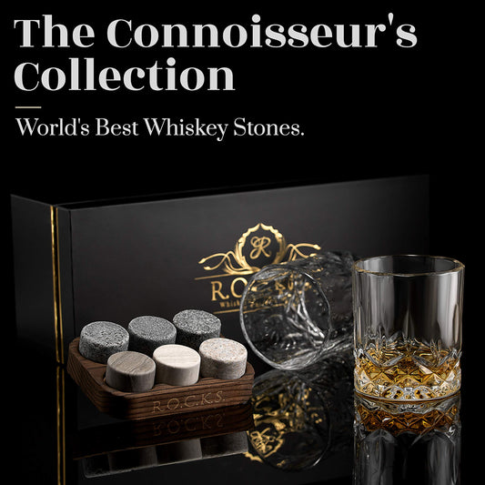 Whiskey Stones Set - 6 Handcrafted Round Granite Whiskey Stones - 2 Crystal Whiskey Glasses - Presentation and Storage Board made of Hardwood - Whiskey Gift Set Box with Gold Foil by Rocks