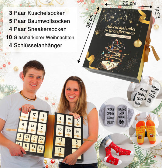 Socks Advent Calendar for Women 2025: Christmas calendar, Advent gift for women. Cozy cotton socks (37-43) with quotes, keychain with food motif, gifts for Christmas.