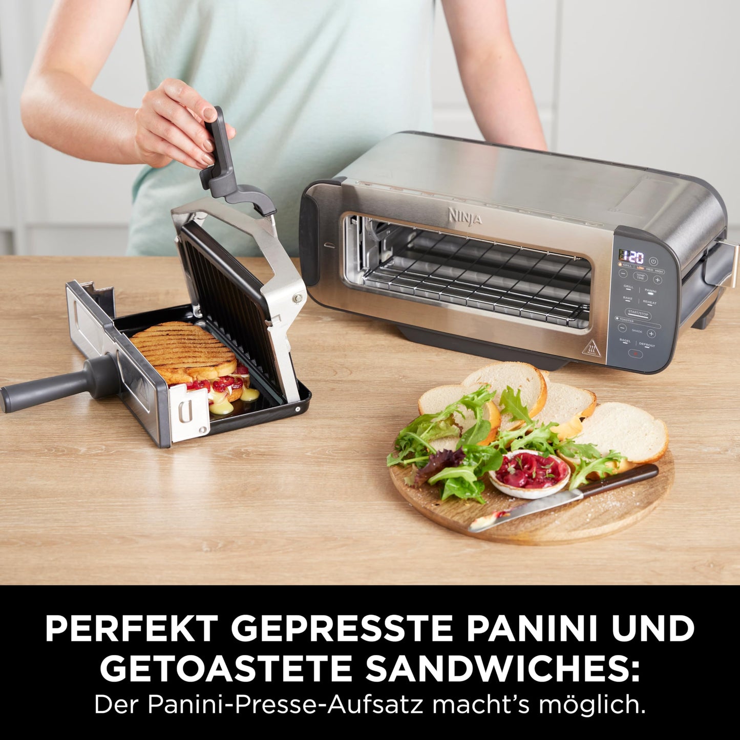 Ninja Foodi 3-in-1 Toaster, Electric Grill with Lid, Panini Press with Flip Design, 7 Cooking Functions, 7 Toast Lines, Baking Tray and Crumb Tray, Stainless Steel, ST202EU