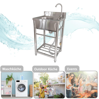 Lemodo freestanding sink - stainless steel sink with faucet, garden hose connection, mobile sink for outdoor kitchen, catering and camping, freestanding kitchen sink with shelf