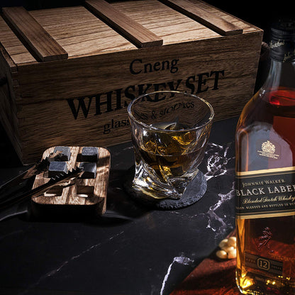 Cneng Whiskey Stones Gift Set with Glass, Whiskey Glasses Set, Personalized Whiskey Gift for Men, 2x 300ml Glasses, 6 Whiskey Stones, Whiskey Accessories with Wood Gift Box.
