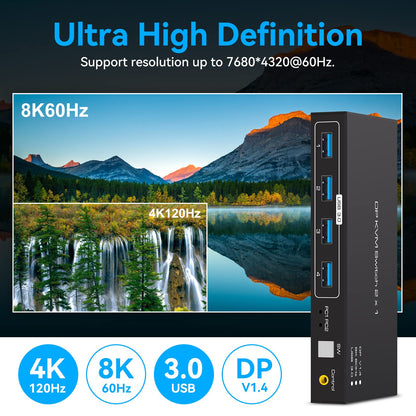 VPFET KVM Switch with DisplayPort support 4K120HZ 8K60HZ DP 1.4 Switcher for 2 computers share keyboard mouse printer with 4 port USB 3.0 including desktop control and 2 USB cables.