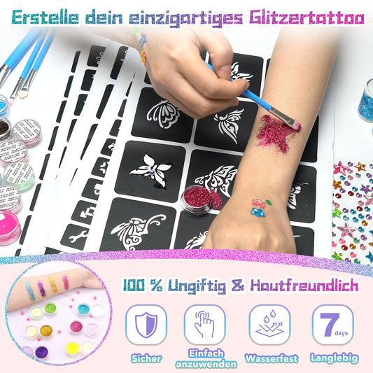 Glitter Tattoo Set for Kids, Glitter Craft Kit for Girls 4 6 8 10 12 Years - Temporary Glitter Tattoos with 36 colors, 182 stencils, 215 rhinestones, Crafting Gifts for Birthday, Christmas, Parties.