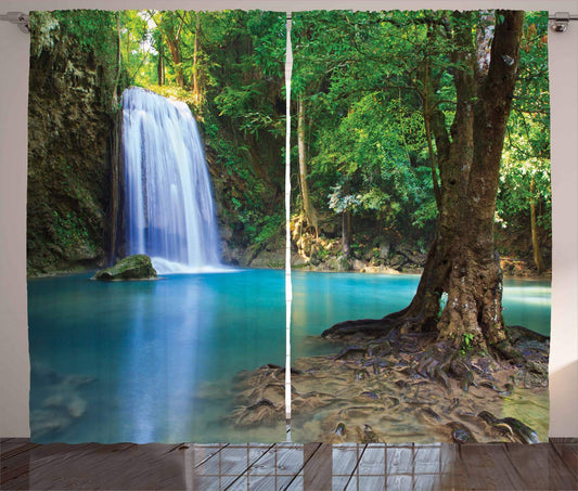 ABAKUHAUS Water Rustic Curtain, Asia Thailand Jungle Trees, Bedroom Ruffled Curtain with Loops and Hooks, 280 x 260 cm, Turquoise Brown
