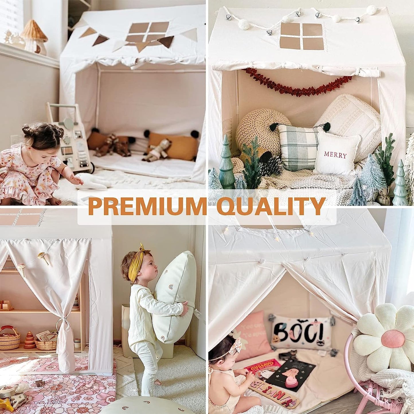 NIUEVLRS Children's Tent with Mat, Indoor Play Tent, Outdoor Kids Playhouse, Play Tent with Windows and Roll-up Door for Boys and Girls, Lights and Flags, 132 x 90 x 132 cm