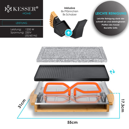 KESSER® Raclette grill with natural stone grill plate, tabletop grill for 8 people, electric raclette grill with non-stick coating grill plate, 8 pans and wooden spatula 1200W