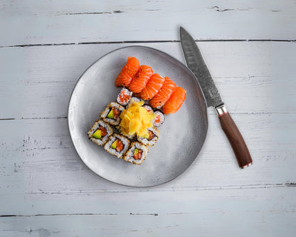 Zayiko Kurumi Premium Santoku knife with 17.5 cm blade made of 67 layers genuine Damascus steel with walnut handle I wooden box I Damascus knife kitchen knife and professional chef knife