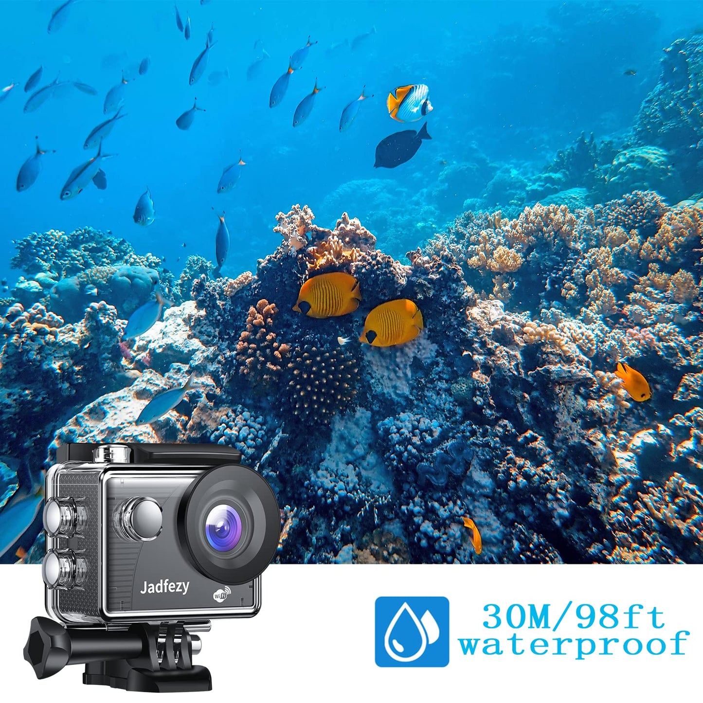 Jadfezy WiFi Action Cam HD 1080P, 12MP Action Camera Wide Angle 2" LCD Screen, Waterproof Underwater Camera up to 30m/98FT with 2×1050mAh Batteries and accessory Kit for helmet and bicycle etc.