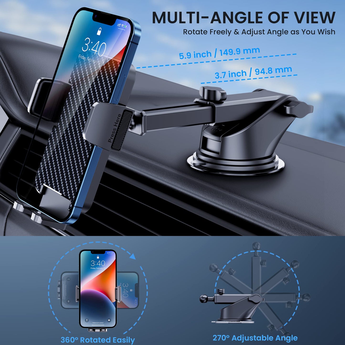 BIPOPIBO car phone holder, military-grade suction cup, universal phone stand for dashboard, windshield, car mounts for iPhone, Android smartphone