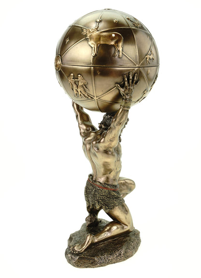 Atlas carries the world on his shoulders, bronze figure sculpture titan.