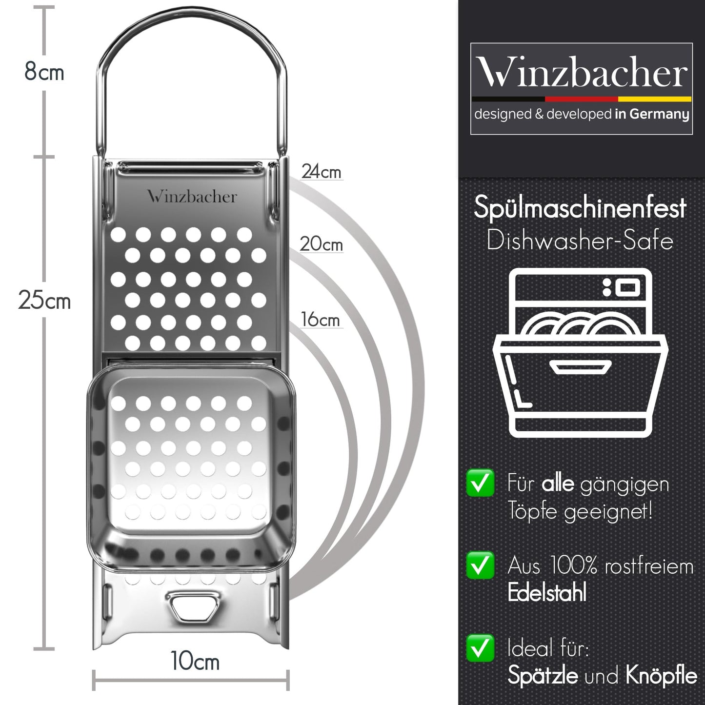 Winzbacher stainless steel spaetzle maker with dough slider [pot Ø 16-30cm] Dishwasher safe | Rustproof | Spaetzle grater, spaetzle sieve, spaetzle press | for spaetzle & dumplings
