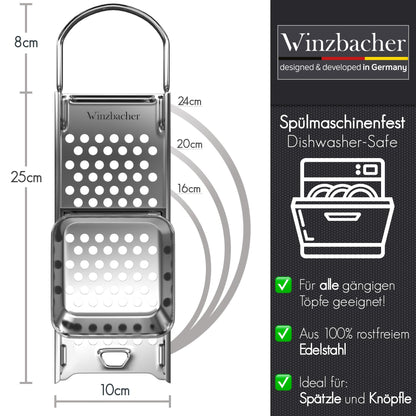 Winzbacher stainless steel spaetzle maker + ladle [pot Ø of 16-30cm] dishwasher safe | rustproof | spaetzle grater, spaetzle sieve, spaetzle press | for spaetzle & dumplings.