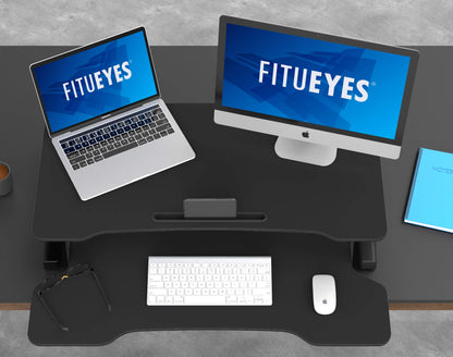 FITUEYES Adjustable Height Desk Riser Office Sit Stand Computer Desk 92 x 40 cm Standing Desk with Keyboard Tray Suitable for Two Monitors Black, SD309101WB
