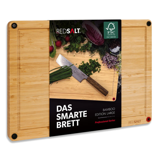 REDSALT® innovative organic bamboo cutting board non-slip | L 42x30x2.5cm large wooden board can be used on both sides deep juice groove FSC certified premium cutting board kitchen grill gift sustainable