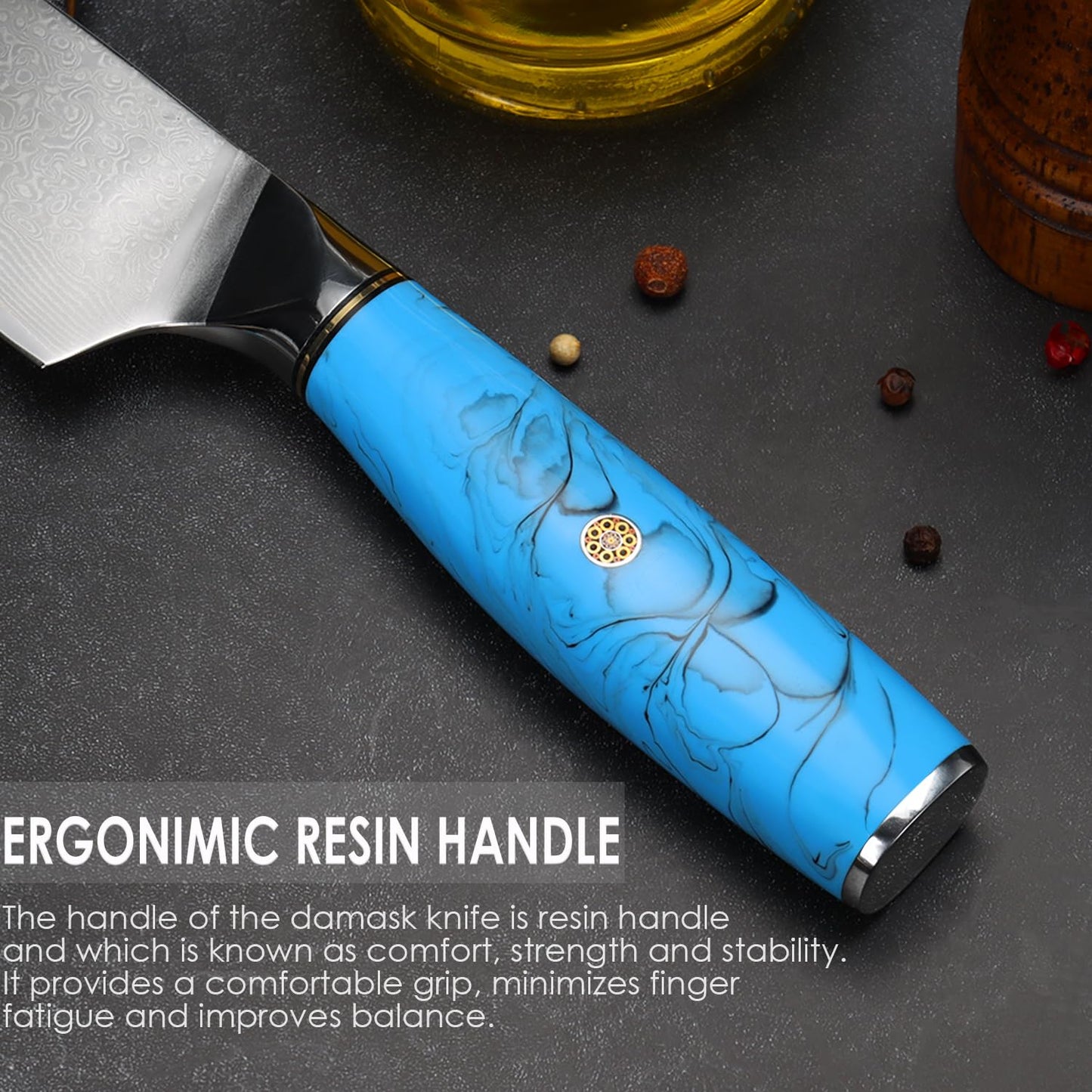 Home safety 2-piece damascus knife set, damascus santoku knife set kitchen knife set made of 67 layers of VG-10 damascus steel, professional damascus chef knife set with ergonomic natural resin handle, gift box.