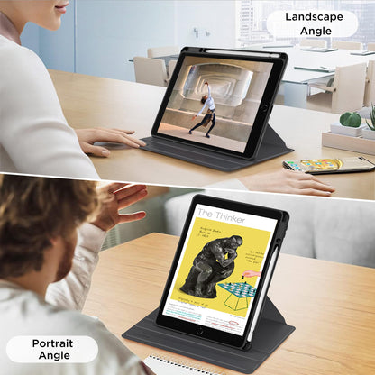 Cacoe Rotating Case for iPad 9th/8th/7th Generation 10.2-inch with Pencil Holder - 360 Degree Rotation Shockproof Protective Cover with Clear Hard Shell on the back, Black.
