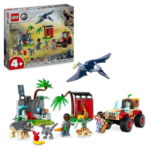 LEGO Jurassic World Baby Dino Rescue Center set features small dinosaur figures including Triceratops, Ankylosaurus, and Velociraptor. Perfect gift for boys and girls aged 4+ to build. Item number 76963.