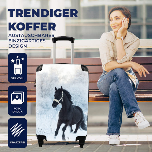 MuchoWow© suitcase carry-on trolley luggage with 4 wheels - horse - snow - forest - cabin size < 55x40x23 & 55x40x20 cm - photo case - cabin case - carry-on luggage