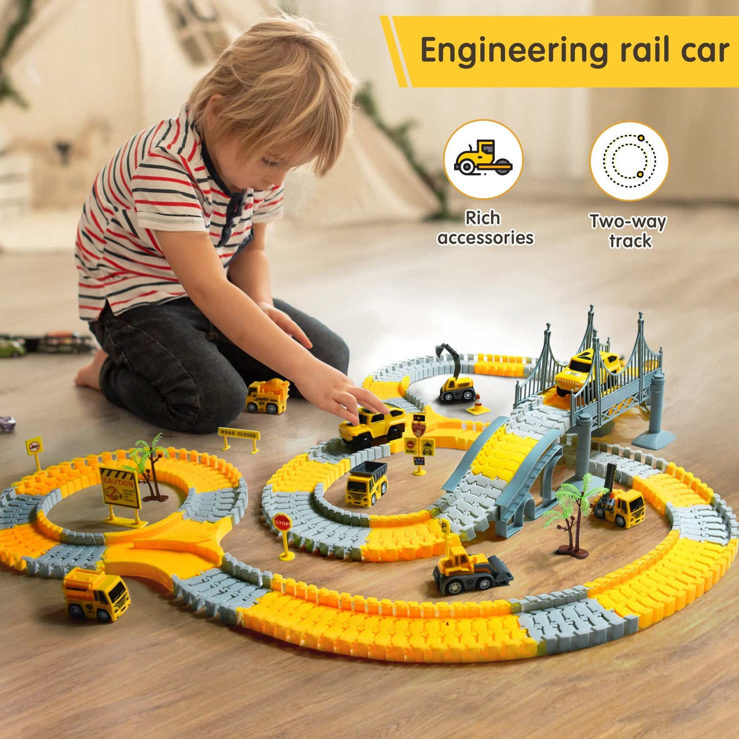 TOMMYHOME tracks toy with electric car, flexible train tracks for kids, highway play set for boys girls gift, 2 race cars and 6 construction vehicles.