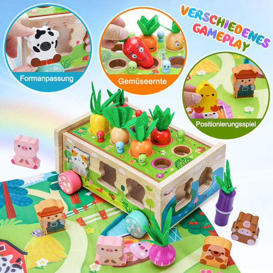 Montessori toy for 1 2 3 year olds | Wooden toy with card 7-in-1 farm game wooden motor skills toy | Children's carrot stacking game wooden | Montessori gift for girls and boys