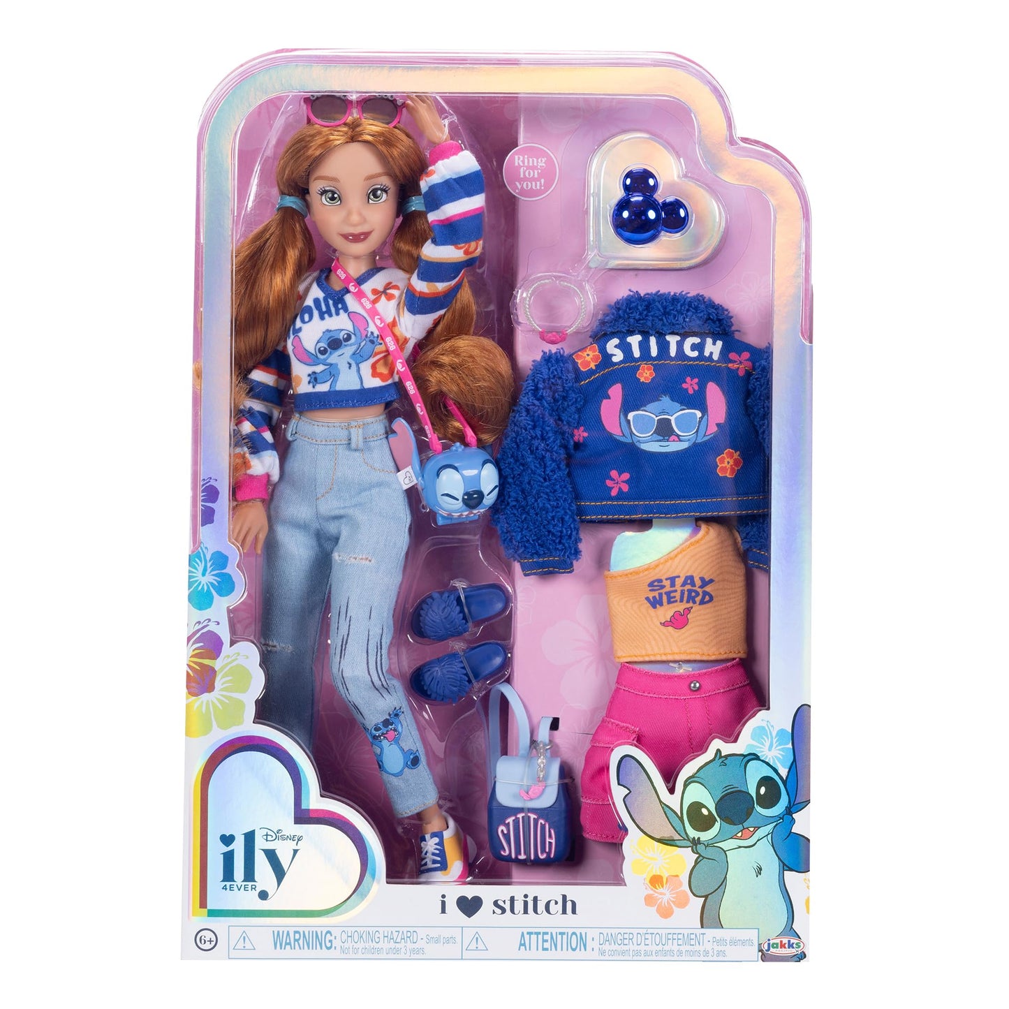 Disney ILY 4EVER Fashion Dolls feature Stitch with Red Hair. Standing at 11.5" with 13 points of articulation, they come with two complete mix-and-match outfits and a glittery Mickey ring.