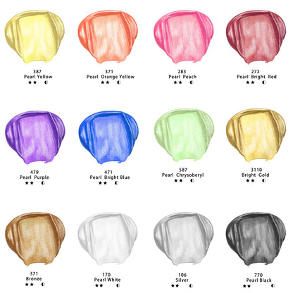 Artecho Metallic Acrylic Paint Set 12x59ml, Non-toxic metallic colors, waterproof and lightfast, fast drying, perfect for canvas, paper, and fabrics.