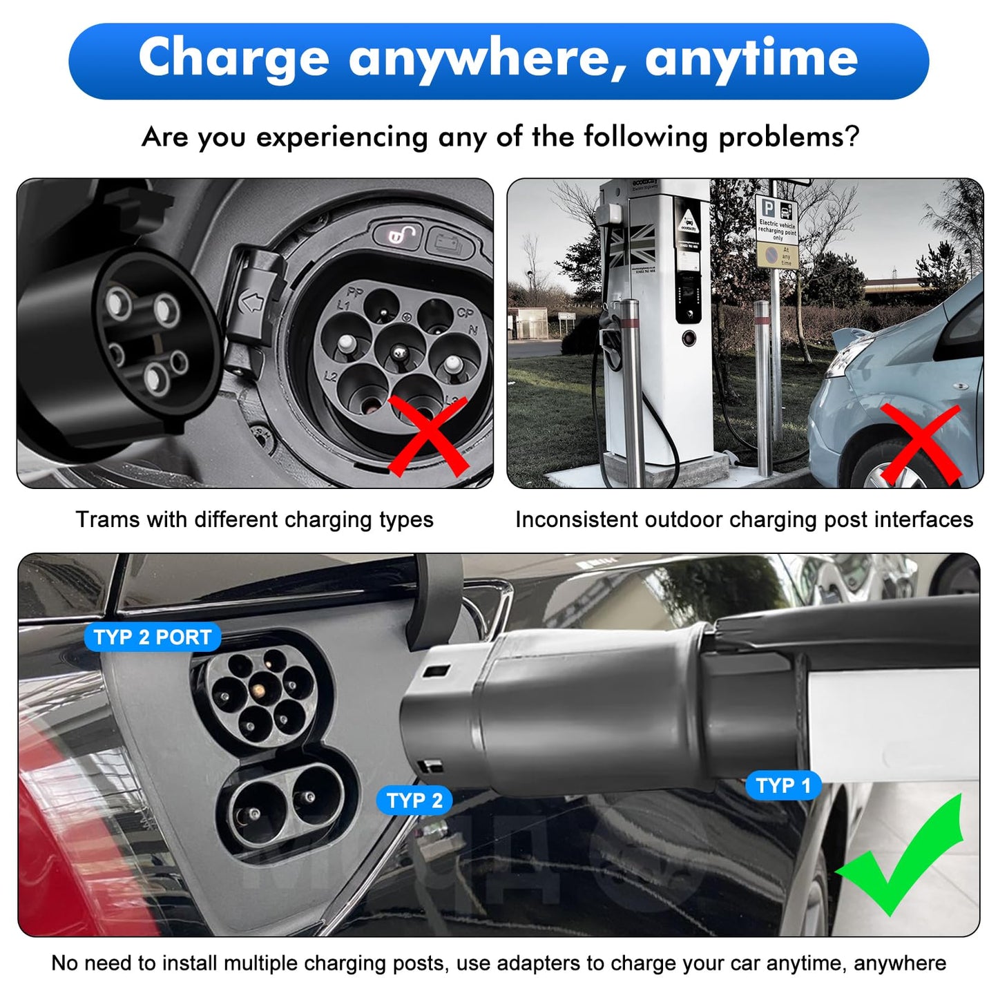 Opaltool EV Charging Cable Car Charger Adapter Type 1 to Type 2, 32A SAE J1772 to IEC 62196 (Mennekes) Car Charger Converter Electric Vehicle Charging Adapter