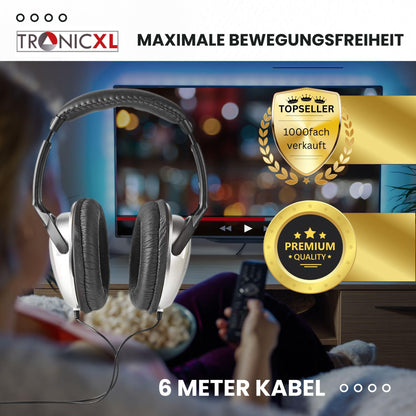 TronicXL TV headphones headband headphones with 6m long cable. Stereo TV headphones for TV, PC, HiFi with 3.5mm jack and 6.35mm plug. Wired, long cable.