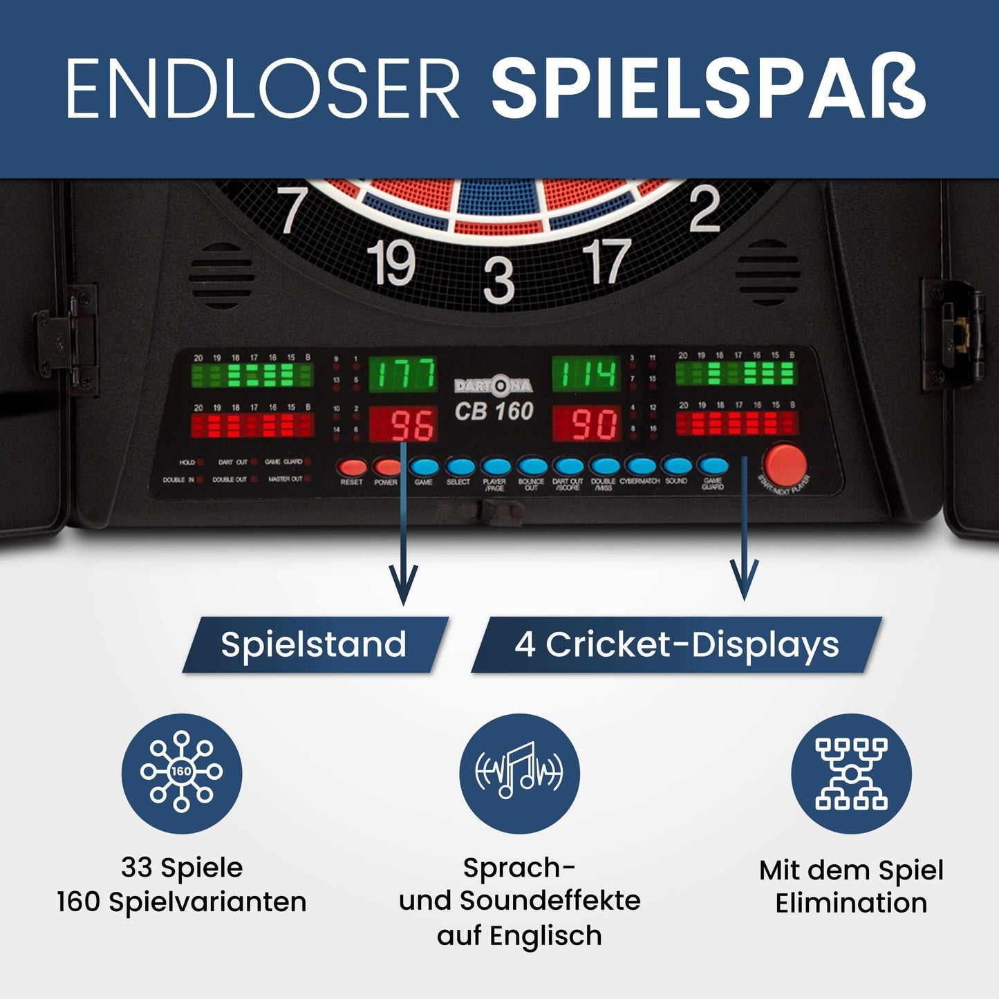 Electronic Dartboard Dartona CB160 Cabinet | Official tournament size | Electronic darts board | Tournament board with 33 games and over 160 variations.