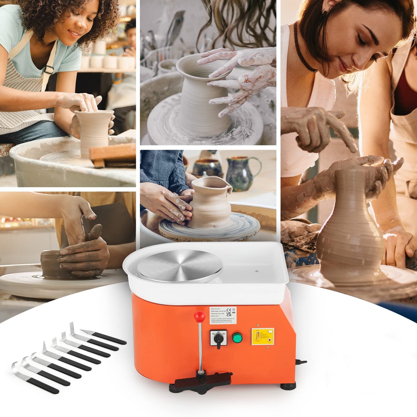 CREWORKS Pottery Wheel Electric Pottery Wheel Hand or Foot Drive 350W Ceramic Forming Tool 0-300 RPM Ceramic Clay Machine 8 PCS Ceramic Kit Clay Spinning Wheel 25CM Pottery Wheel