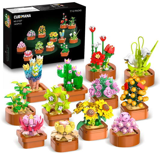 12 flower succulents 3.6MM mini kits - 1403 pieces Botanical set, office & home decor, flower plants, bonsai building toys, creative construction project for adults, gifts for women, children 10+