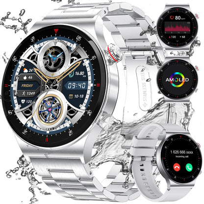 Men's smartwatch with phone function, 1.43'' AMOLED smart watch with heart rate sleep monitor SpO2 notification 100+ sports modes, waterproof fitness tracker calorie pedometer Android iOS, silver