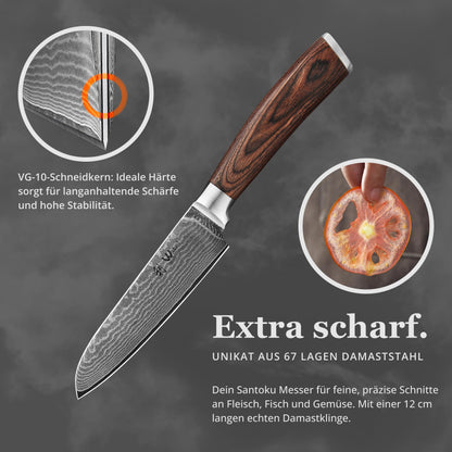 Wakoli EDIB Santoku knife 12cm - Small kitchen knife - VG10 core & 67 layers of damascus steel - Sharp damascus knife for vegetables & fruits - Pakkawood handle - Chef's knife - Gift box - Addition to knife set
