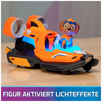 PAW Patrol: The Mighty Movie, Zuma's Superhero Base Vehicle with puppy figure, speedboat with light and sound effects, suitable for children aged 3 and older.