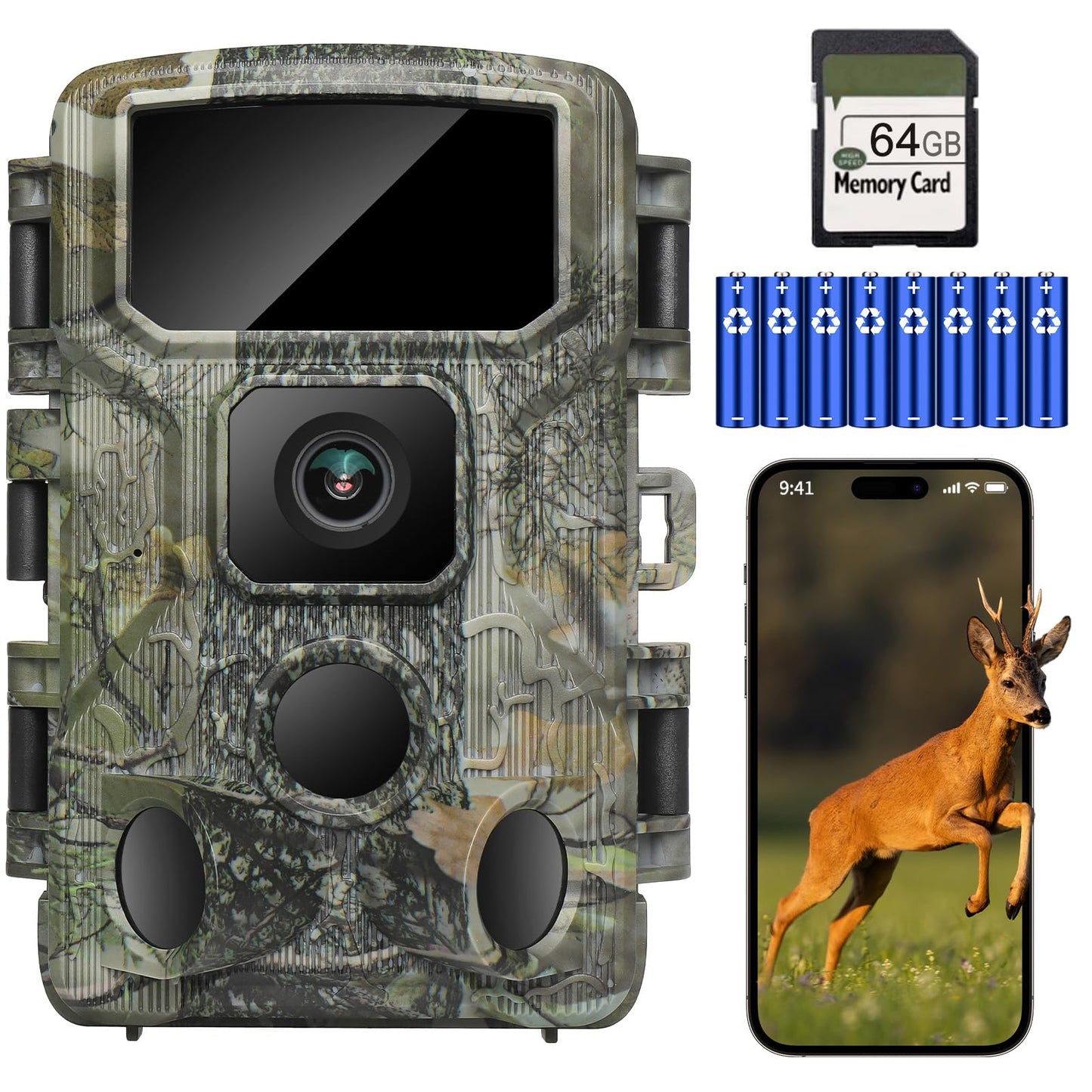 KJK wildlife camera with mobile transmission APP, 4K 64MP HD WLAN Bluetooth with 64GB memory card, motion sensor night vision camera, 0.1s trigger, IP67 waterproof, 130° wide angle