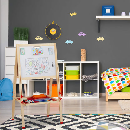 Relaxdays kids' easel, whiteboard and chalkboard, adjustable height, wooden stand, 102-135 x 55 x 52 cm, natural, light brown, white, dark green.