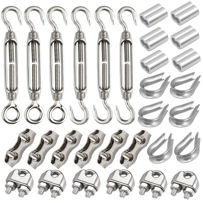 Leaum 30 piece turnbuckle M4 wire tensioner set, with stainless steel turnbuckle M4, 3mm stainless steel wire rope clamp, 3mm wire rope thimble, and 3mm aluminum ferrule for tightening tensioned rope.