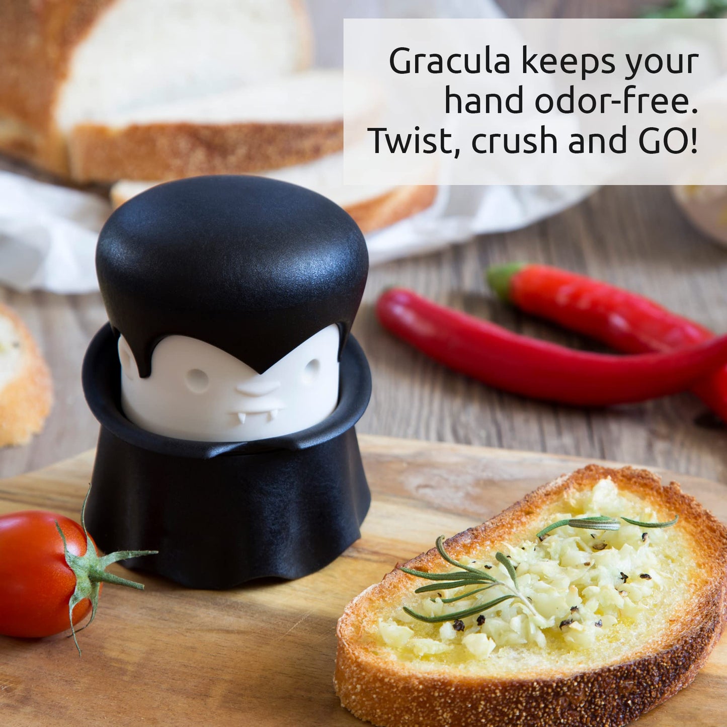 OTOTO Gracula Garlic Crusher - Garlic Chopper & Peeler - Garlic Press Dracula Easy to Use - Twister No BPA - Easy to Clean & Dishwasher Safe - Halloween Decor