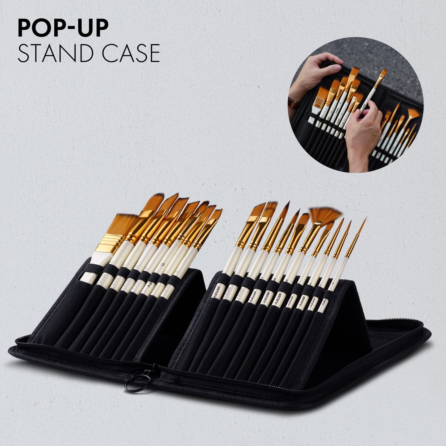 ARTIFY 18-piece brush set, suitable for acrylic, oil, gouache, watercolor brushes including pop-up carrying case with palette and 2 sponges - white.