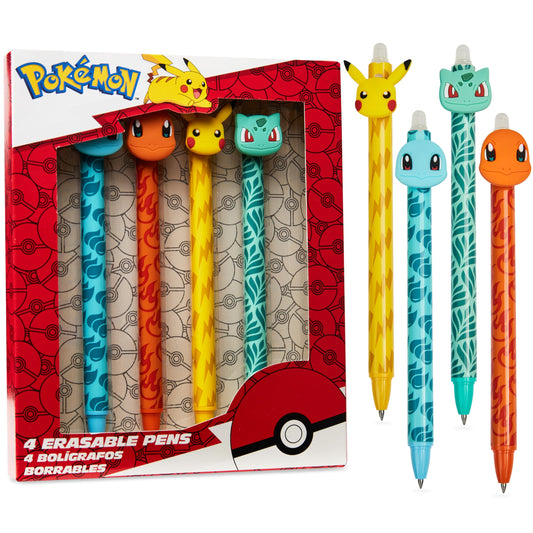 Pokemon Erasable Ballpoint Pen Kids 4-Pack Set Blue Ink Pikachu Rollerball with Eraser School Gifts for Boys and Girls