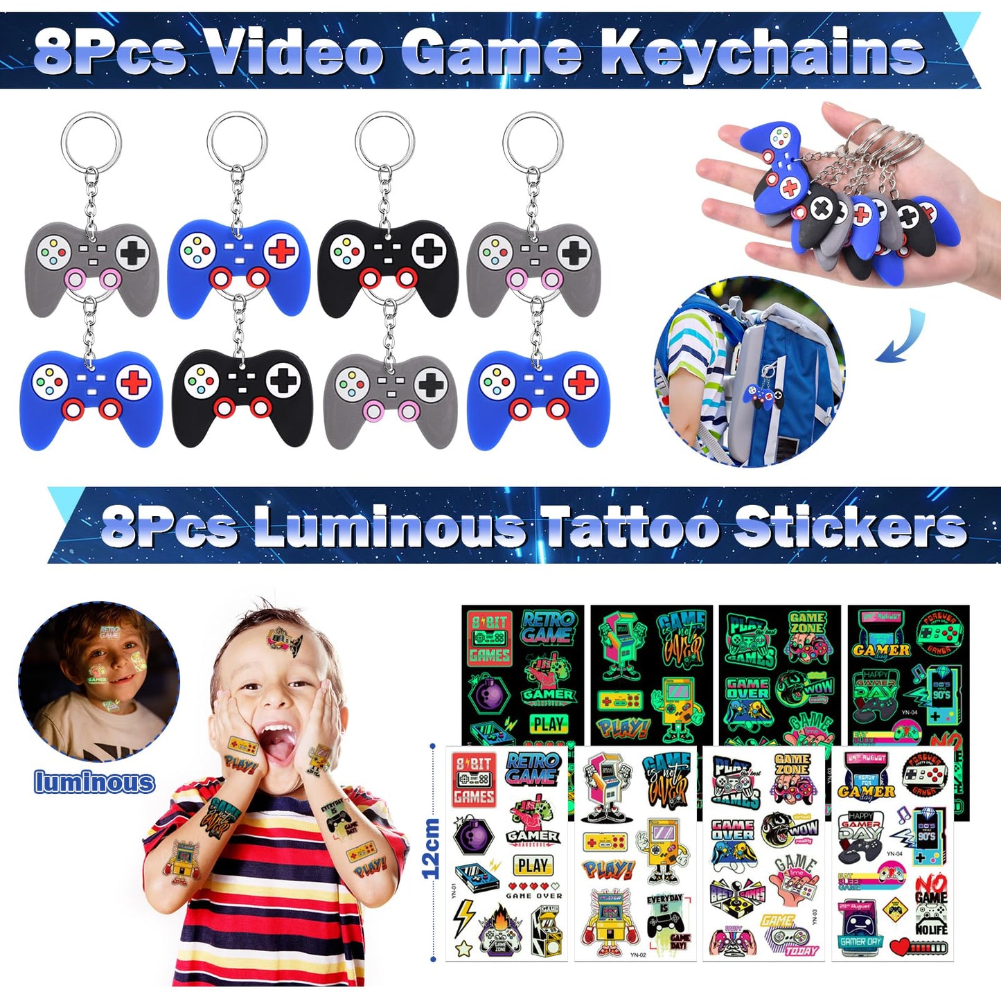 Video game party favors for kids' birthdays: straws, silicone bracelets, gift bags, stamps, gamer controller keychains, VIP pass stickers. Great giveaways for children!